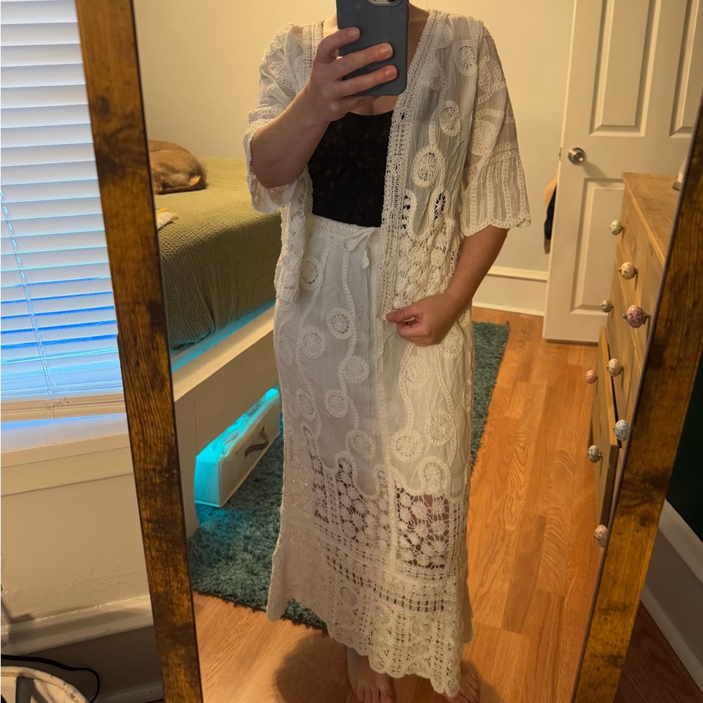 White Boho Embroidered Midi Skirt Set